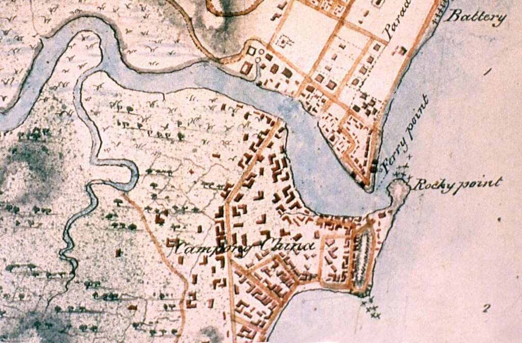 A map of Singapore in 1825. Rocky Point at the mouth of the Singapore River is where the stone stood. (Image: Wikipedia)
