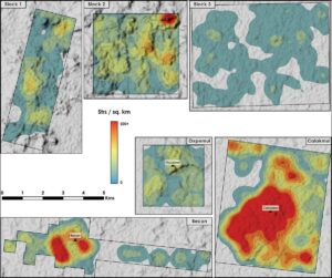 LIDAR image shows comparison of settlement density between six areas in central Campeche (figure by authors).