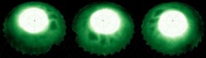 Montage of stills from animation showing the dark, bead-like features embedded in bright auroral halos as Saturn rotates beneath JWST's view. Credit: NASA/ESA/CSA/Stallard et al 2025.