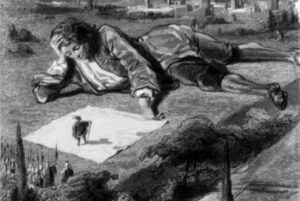 Gulliver and the Emperor of Lilliput, from a French edition of Gulliver's Travels (1850s). By Engraving by Willmann, Colin, &amp; Outhwaite, after Paul Gavarni. This image is available from the United States Library of Congress's Prints and Photographs Division under the digital ID cph. 3b18907.