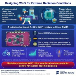 The radiation-hardening method involves simplifying transistor layouts, replacing radiation-sensitive components with passive inductors, and increasing transistor dimensions. This approach reduces charge buildup from gamma radiation, allowing the chip to operate in extreme radiation environments. Image Credit: Institute of Science Tokyo.