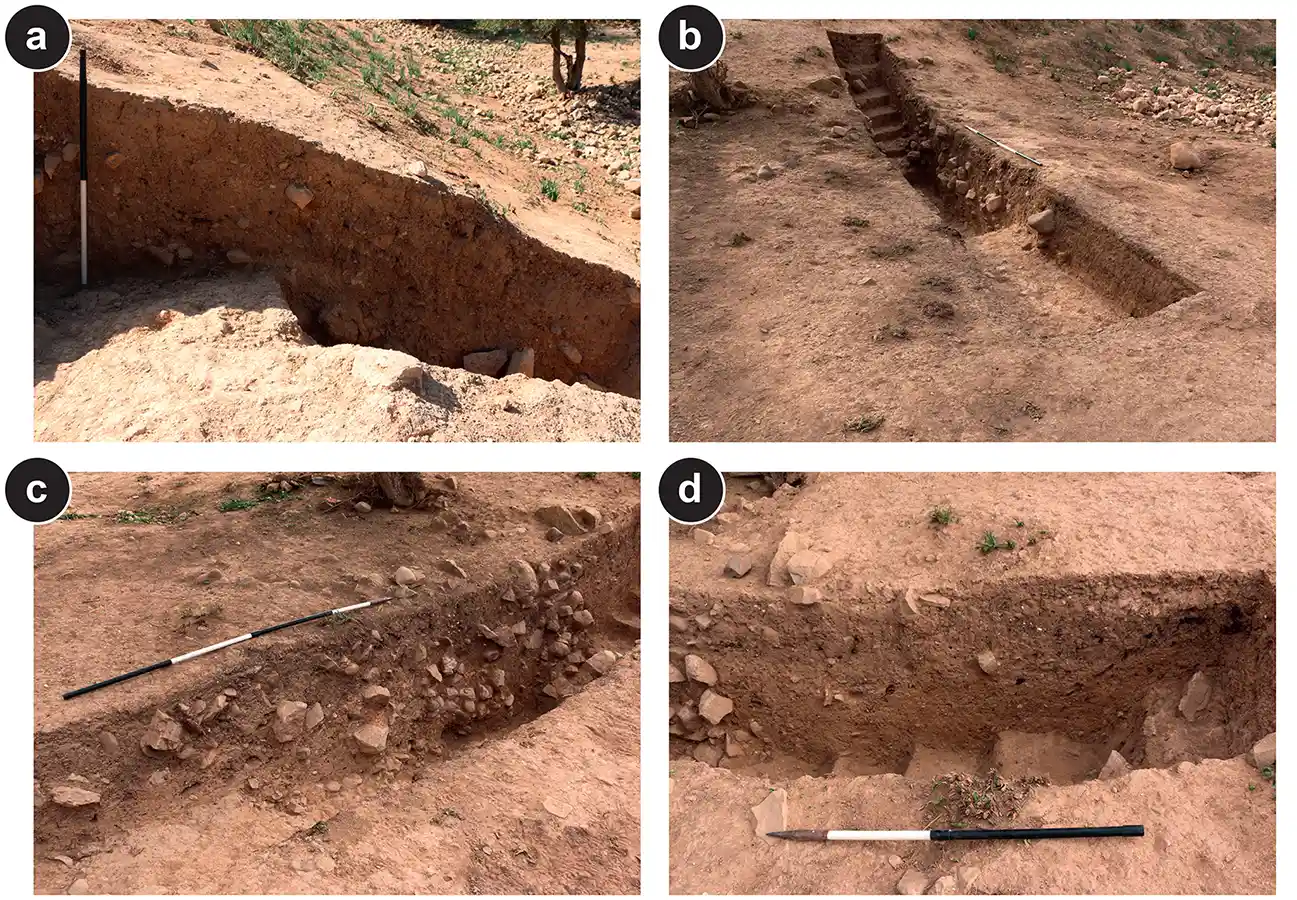 Excavation views of Trenches 3 and 3.1 show layers of embankment deposits alongside the ancient ditch, its later recutting and portions of the wall complex at Oued Beht. (Image Source: Lucarini et al., Libyan Studies)